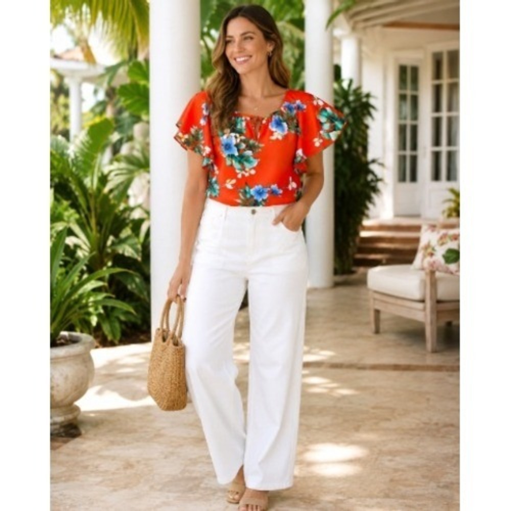 Hilo Hattie Hawaiian Floral Flutter Sleeve Top Large Tropical Resort